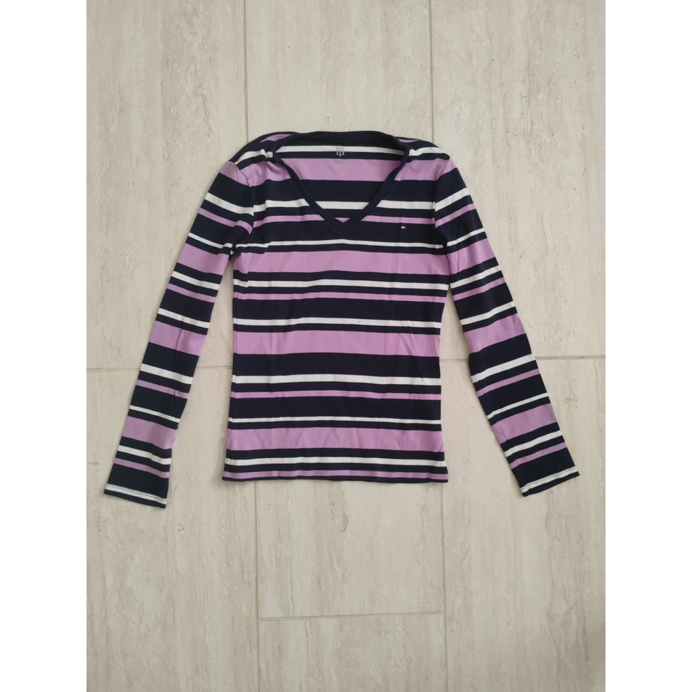 Tommy Hilfiger Sweatshirt Womens Small Purple White Blue Stripes V Neck Y2K Logo